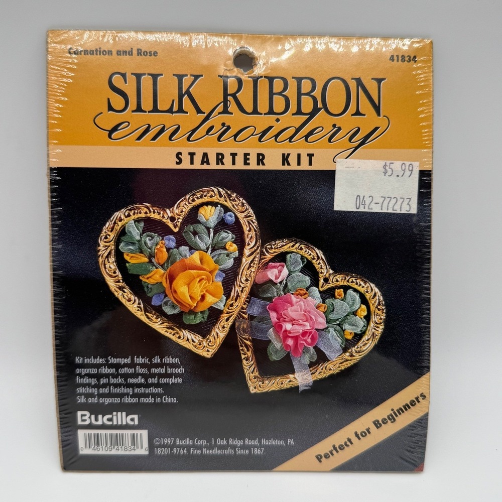 Vintage 1997 Bucilla Carnation Rose Silk Ribbon Embroidery Brooch Kit 41834 NOS
